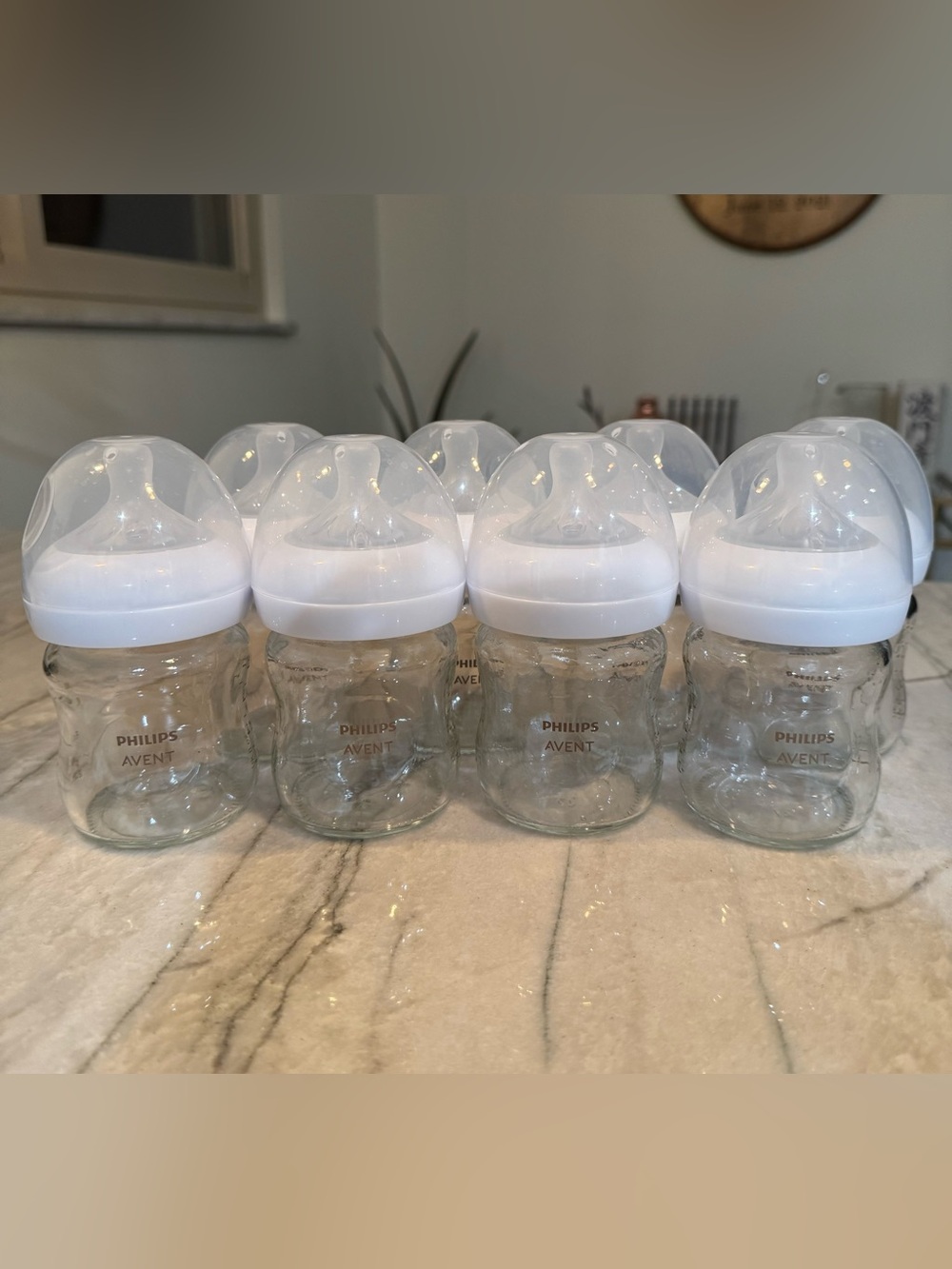 Eight Glass Philips Avent Bottles with Eight Additional Size 3 Nipples